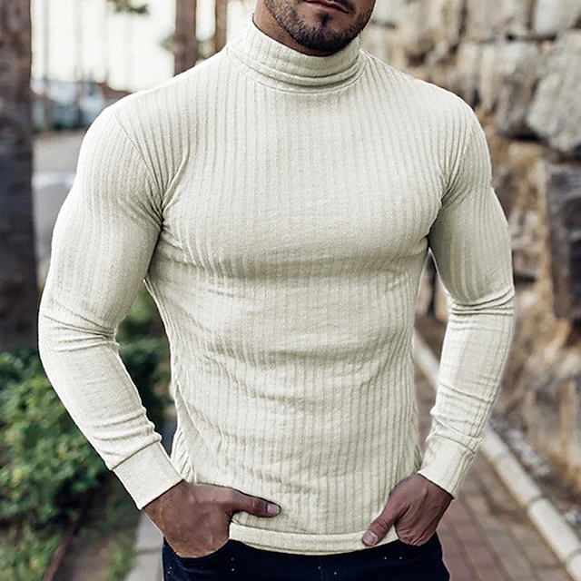 Men's T Shirt Turtleneck shirt Muscle Shirt Ribbed Knit tee Long Sleeve Rolled collar Fall & Winter Plain Lightweight Classic Casual Outdoor Casual Sports Black White Pink Top Tee for Men 19