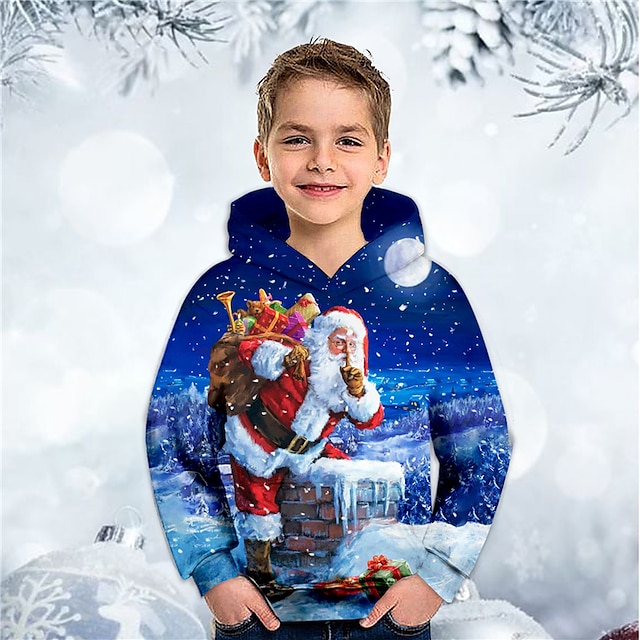  Kids Boys Christmas Hoodie Pullover Santa Claus Long Sleeve Pocket Children Top Christmas Gifts 3D Print Hoodie Cute Daily Blue Winter 3-12 Years