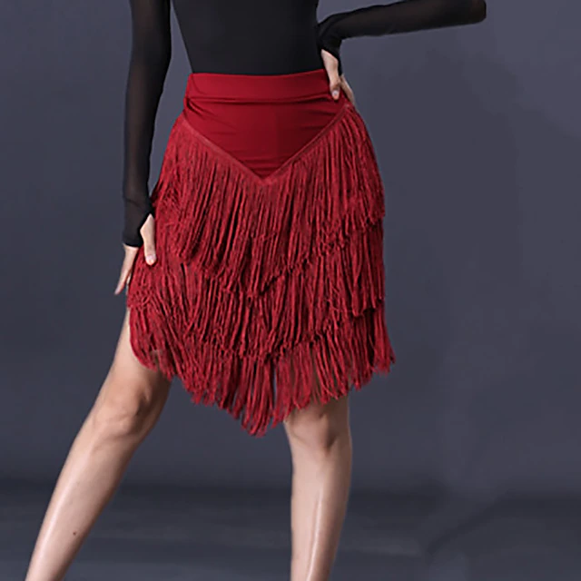 Latin Dance Skirts Tassel Ruching Pure Color Womens Performance