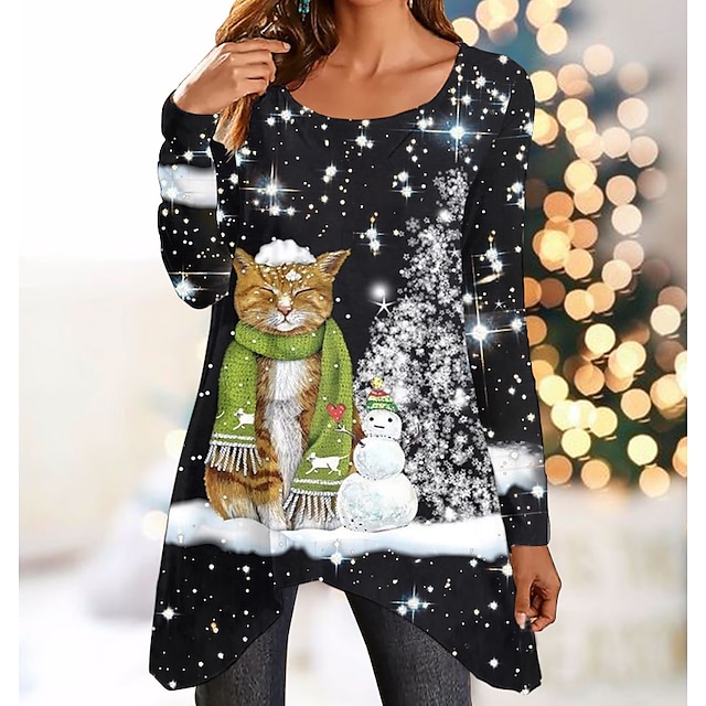  Women's T shirt Tee Black Cat Snowman Flowing tunic Print Long Sleeve Christmas Weekend Basic Round Neck Long Painting S
