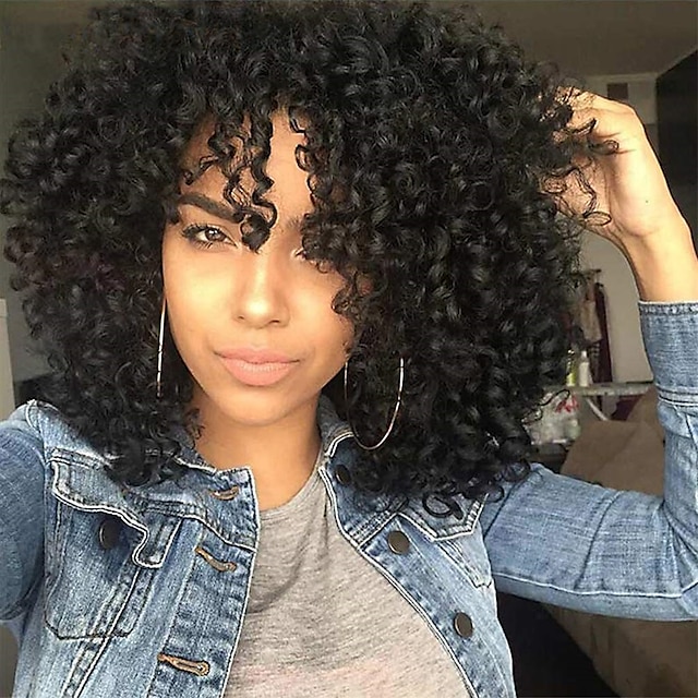  Curly Wigs for Black Women - Natural Black Synthetic African American Full Kinky Curly Afro Hair Wig with Bangs
