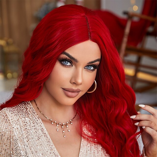  Synthetic Lace Wig Deep Wave Style 28 inch Red Middle Part 4x4 Lace Front Wig Women's Wig Red