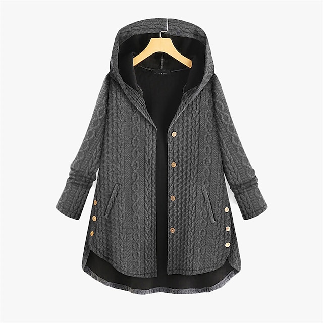  Mulheres Plus Size Parka Botão Bolsos Tecido Ao ar livre Casual Manga Longa Com Capuz Padrão Inverno Outono Verde Escuro Azul Escuro Vermelho L XL XXL 3XL 4XL
