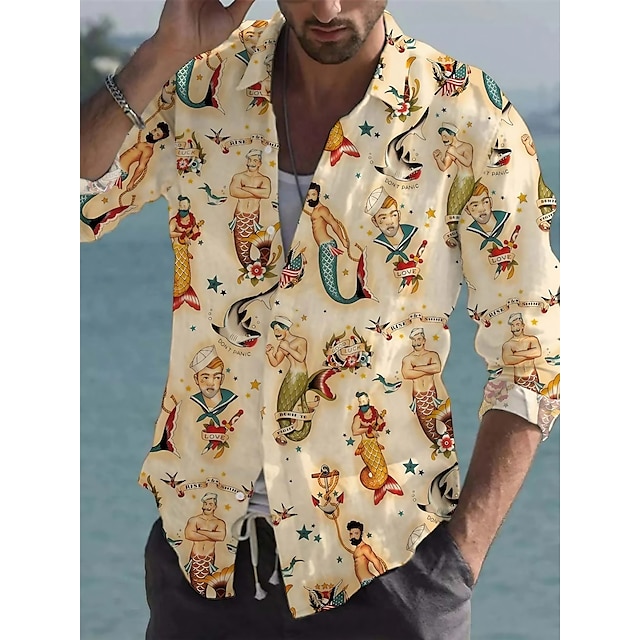  camisa masculina sereia estampa gráfica turndown bege estampa 3d rua manga comprida estampa de botão roupas vestuário designer de moda casual macio