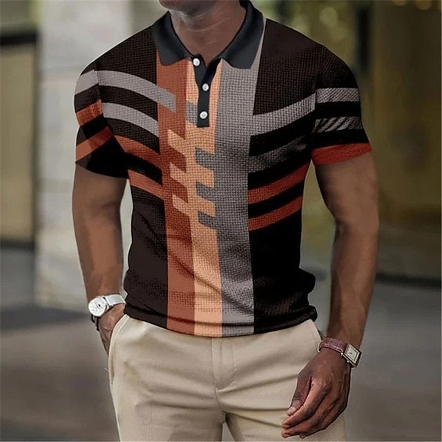  Herr Rutig Våffelpikétröjor Golftröja Kortärmad Polotröjor Skjortor med krage Vintage Ledigt Semesterkläder Högtidskläder Festivalkläder Knappar 3D-utskrift Gul Rodnande Rosa Blå