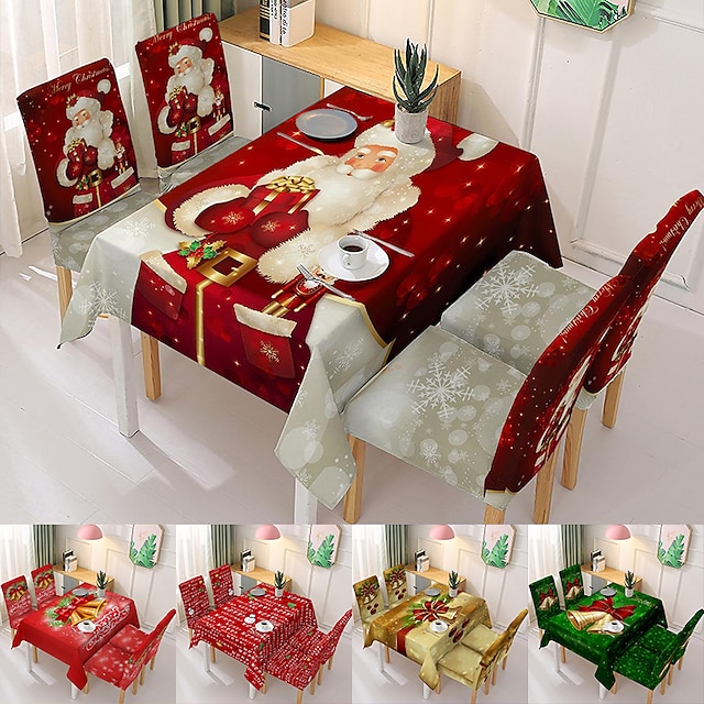  Christmas Tablecloth Set Chair Cover Rectangle Table Cloth Cover Washable Wrinkle Resistant Holiday Tablecloths for Family Gathering, Dining Table(Not Sold By A Set)