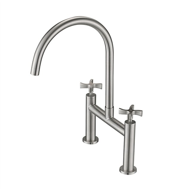  Bridge Kitchen Faucet,Rotatable Double Handles Two Holes Widespread Kitchen Tap Stainless Steel Brushed Nickel
