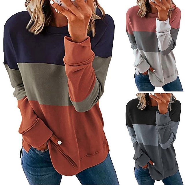  женские толстовки с принтом в полоску с цветными блоками и длинными рукавами, удобные свободные мягкие повседневные футболки, пуловер