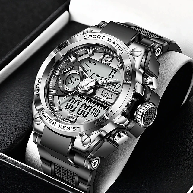 LIGE Men Digital Watch Chronograph Military Sports Waterproof Dual Display Calendar Chronograph Waterproof Silicone Strap Watch 27