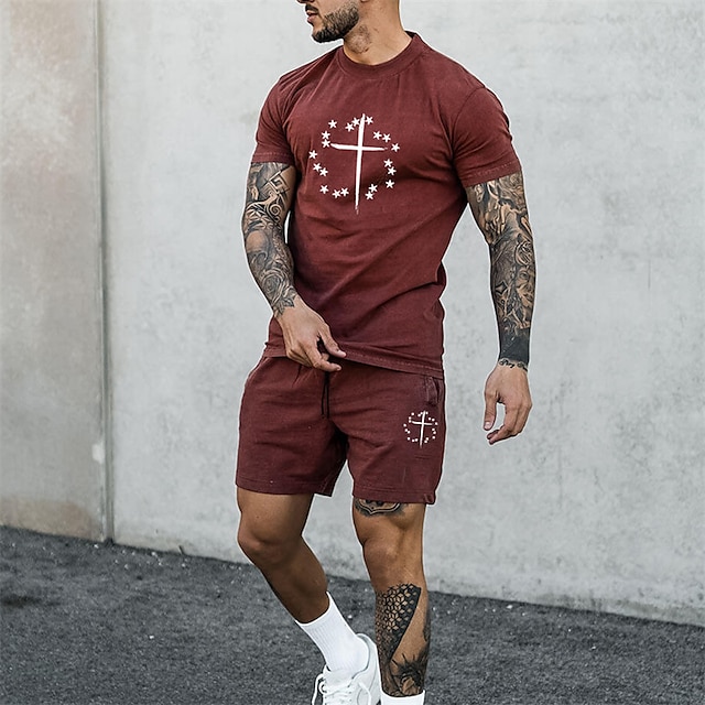  Men's T-shirt Suits Shorts and T Shirt Set Graphic Prints Cross Crew Neck Hot Stamping Street Daily Short Sleeve Print Clothing Apparel 2pcs Fashion Designer Casual Comfortable