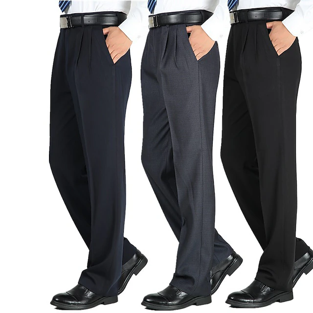 Men's Dress Pants Trousers Casual Pants Pleated Pants Pocket Plain Comfort Warm Wedding Business Casual Retro Vintage Classic Black Blue High Waist Stretchy 11
