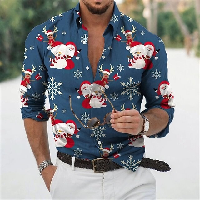 Christmas Men's Funny Christmas Printed Shirts Shirts Santa Claus Snowman Graphic Prints Turndown Blue White 3D Print Street Long Sleeve Button-Down Print Clothing Apparel Fashion Designer Casual3