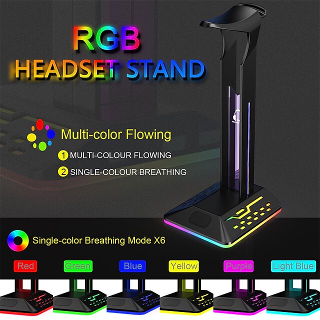 RGB Gaming Headphone Stand Dual USB Port Touch Control Strip Light Desk