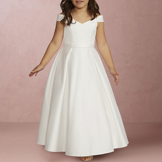  Strandbryllup A-Linje Gulvlengde Blomsterpikekjole Første Kommunion Jenters Søte Prom Kjole Satin med Drapering Elegant Passform 3-16 År Kjole å imponere
