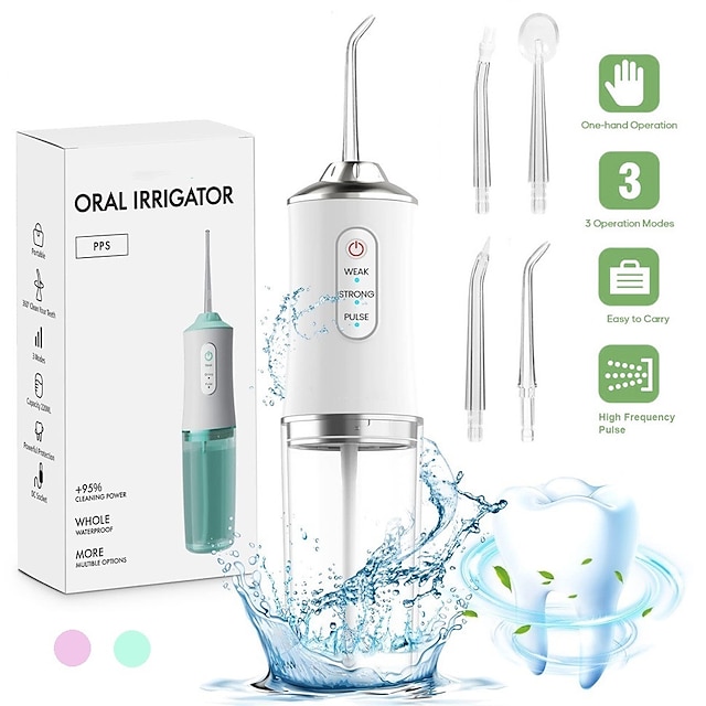 جهاز تنظيف الأسنان بالماء اللاسلكي للأسنان عن طريق الفم خيط تنظيف الأسنان المحمول للأسنان مع خزان قابل للفصل سعة 220 مل قابل لإعادة الشحن IPX7 منظف أسنان مائي مقاوم للماء يختار مع 3 أوضاع 4 نصائح للسفر العائلي