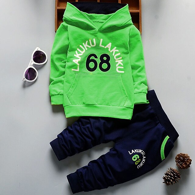  2 Pieces Toddler Boys Hoodie & Pants Outfit Letter Number Long Sleeve Set Casual Active Fashion Winter Fall 3-7 Years Light Green