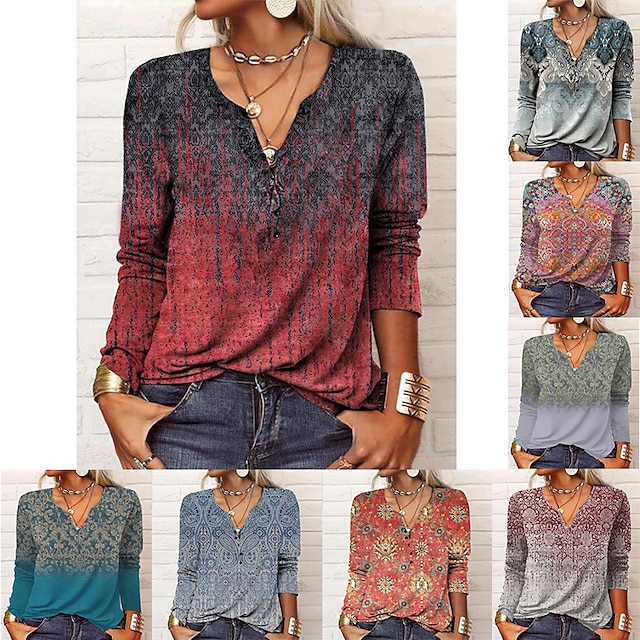 Women's Plus Size Shirt Henley Shirt Blouse Paisley Color Gradient ...