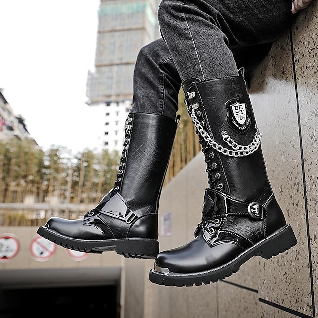  Męskie buty motocyklowe buty bojowe vintage buty do połowy łydki klamra metalowy łańcuszek punkowe buty na zewnątrz sznurowane pu czarne letnie zimowe