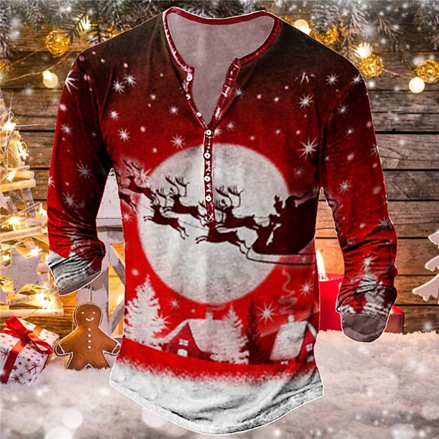 Christmas Men's Christmas Scene Henley T Shirt Tee Henley Tee Graphic Santa Claus Elk Henley Red Blue Orange 3D Print Outdoor Long Sleeve Button-Down Print Clothing Apparel Designer Basic Classic4