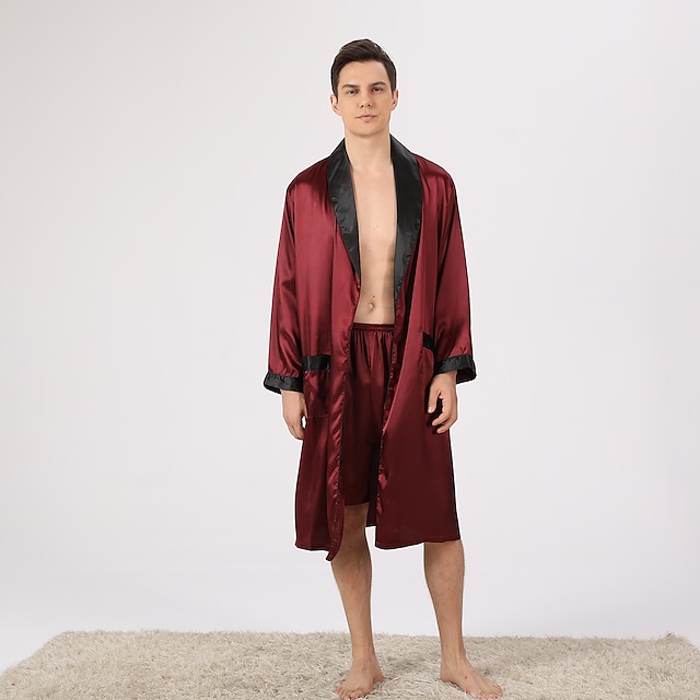  Per uomo Plus Size Accappatoio Abito di seta Accappatoi Kimono di seta 2 pezzi Onde Semplice Comoda Interni Giornaliero Seta sintetica Poliestere Regalo Bavero Manica lunga Top dell'accappatoio