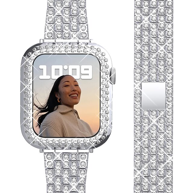  Pulseira de joias Compatível com Pulseira Apple Watch 38mm 40mm 41mm 42mm 44mm 45mm 49mm com caixa Feminino Luxo Aço Inoxidável Com Strass pulseira de substituição para Série iwatch Ultra 8 7 6 5 4 3