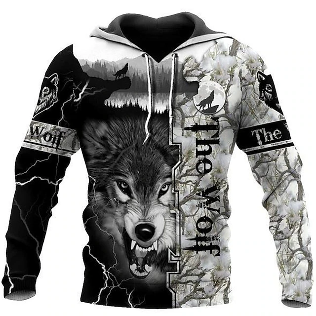 Men's Wolf Graphic Prints Hoodie Hoodies Sweatshirt Streetwear Basic Long Sleeve Hooded Daily Sports Black Print Spring &  Fall Designer2