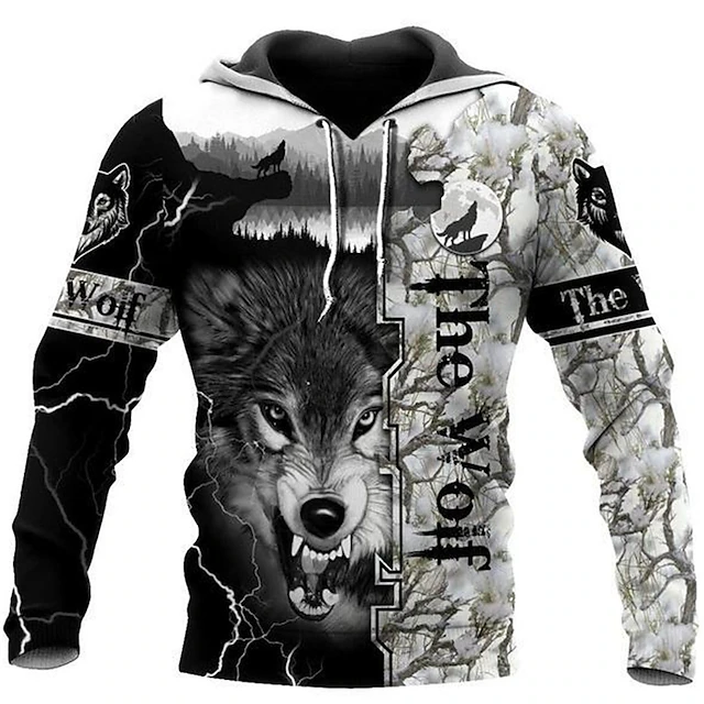 Men's Wolf Graphic Prints Hoodie Hoodies Sweatshirt Streetwear Basic Long Sleeve Hooded Daily Sports Black Print Spring & Fall Designer2