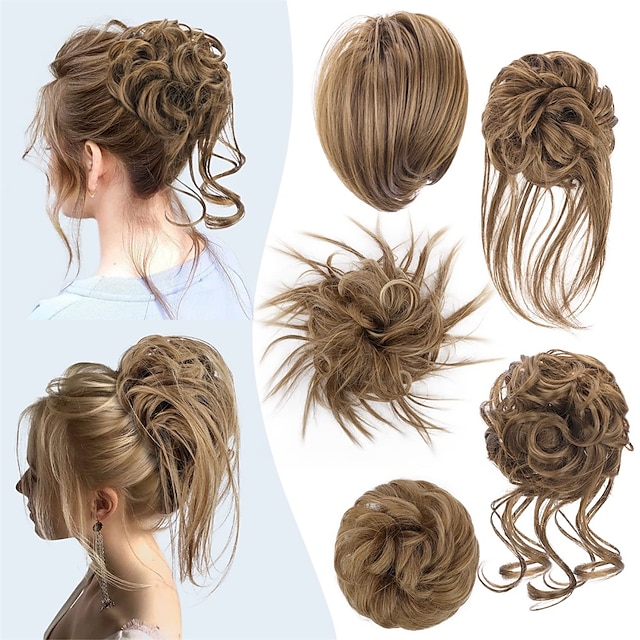  5 stycken stökigt hårbulle-frisyr rufsig updo för kvinnor hårförlängning hästsvans scrunchies med elastiskt gummiband lång updo stökigt smutsiga frisyr hårtillbehör set för kvinnor