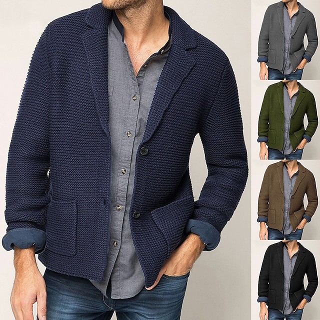 Men's Sweater Cardigan Sweater Sweater Jacket Ribbed Knit Cropped Knitted Lapel Warm Ups Modern Contemporary Daily Wear Going out Clothing Apparel Fall & Winter Black khaki M L XL 8