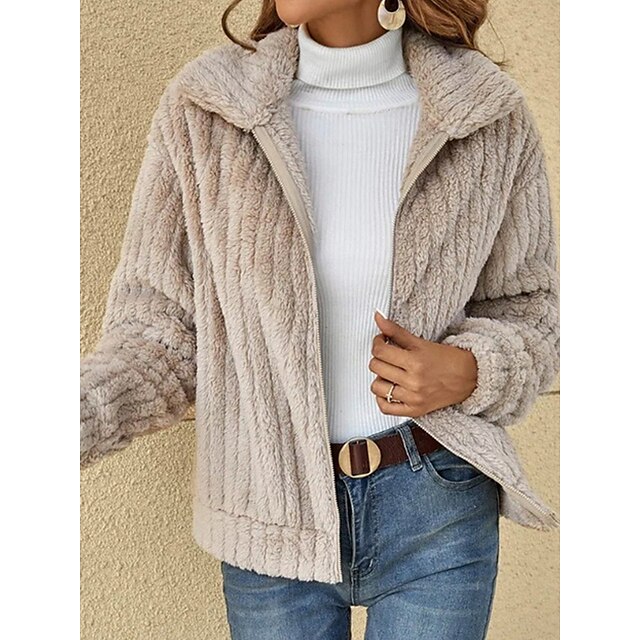  Women's Sherpa jacket Fleece Jacket Teddy Coat Home Daily Wear Vacation Going out Windproof Warm Zipper Zipper Contemporary Casual Daily Modern Plush Turndown Regular Fit Solid Color Outerwear Winter