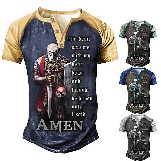 Men's Faith Graphic T-Shirt, Knight Warrior 'The Devil Saw Me Until I Said AMEN' Motivational Short Sleeve Tee 9
