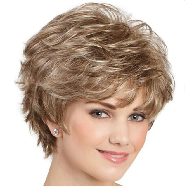  Short Brown Curly Wigs with Blonde Highlight Brown Pixie cut Wavy Wigs for White Women Layered Synthetic Full Wigs for Daily Party