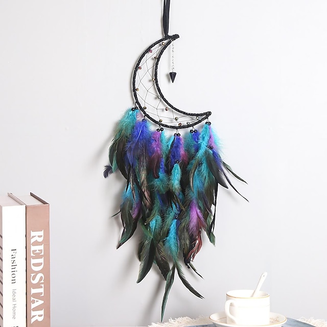  Moon Dream Catcher Handmade Gift with Colorful Feather Hook Flower Wind Chime Ornament Wall Hanging Decor Art Boho Style 18x35cm/7.08''x13.78''