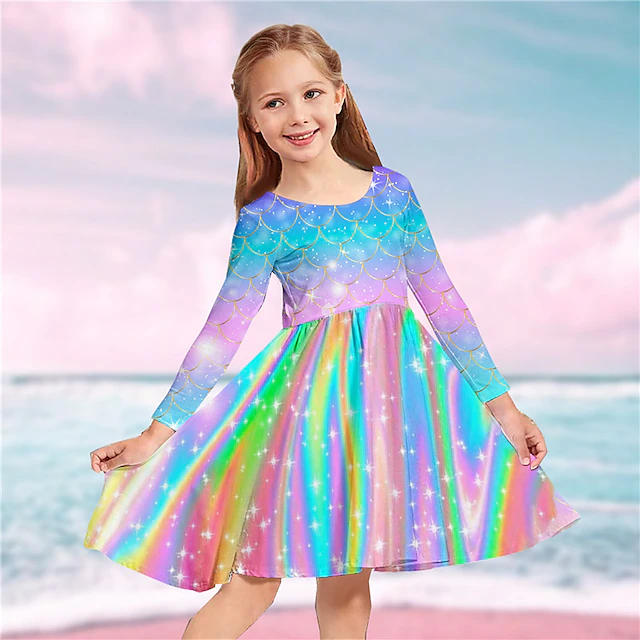 Kids Girls' Dress Rainbow Mermaid Long Sleeve Casual Crewneck Adorable Daily Polyester Above Knee Casual Dress Swing Dress A Line Dress Fall Winter 3-10 Years Multicolor Yellow Red 12