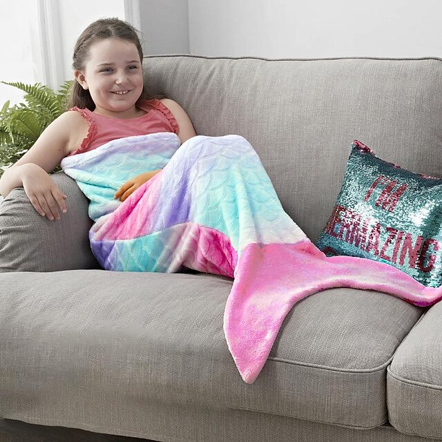  Mermaid Tail Blanket, Girls Toddlers Mermaid Toys, Shark Blanket Toys for Boy, Child Mermaid Blanket with Rainbow Ombre Glittering Fish Scale Design, Boy Girl Birthday Christmas Giftsfunnyblanket
