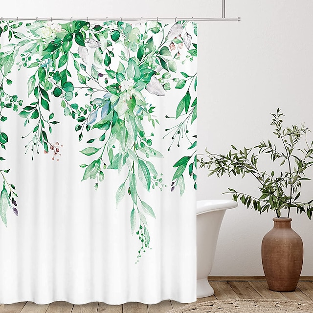  cortina de chuveiro com ganchos, folhas de aquarela verdes brilhantes de plantas florais na planta superior com decoração de banheiro floral polegadas com ganchos