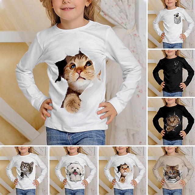 Kids Girls' T shirt Animal Casual 3D Printing Long Sleeve Crewneck Cute 7-13 Years Fall Black White Ivory 13