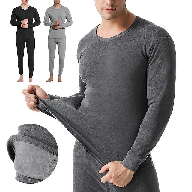  Herren Thermounterwäsche Schlafanzüge Thermounterwäsche Set Einfarbig Basic Modisch Komfort Heim Polyester Warm Rundhalsausschnitt Langarm Hose Elastische Taille Winter Herbst Schwarz Hellgrau