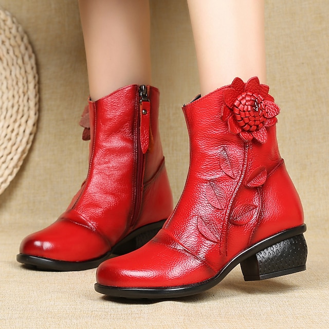  Women's Boots Ladies Shoes Valentines Gifts Party Valentine's Day Daily Solid Colored Booties Ankle Boots Flower Chunky Heel Round Toe Elegant Vintage Faux Leather PU Zipper Black Red Blue