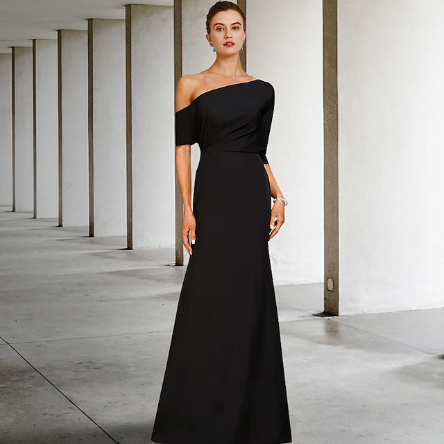 A-Line Mother of the Bride Dress Wedding Guest Elegant Vintage One Shoulder Floor Length Charmeuse 3/4 Length Sleeve with Ruffles Side-Draped free custom size 12