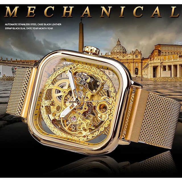  Forsining Golden Men Automatic Watch Square Skeleton Mesh Steel Band Mechanical Business Clock Relogio Masculino