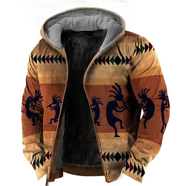 Men's Full Zip Hoodie Jacket Thick Hoodies Brown Hooded Tribal Graphic