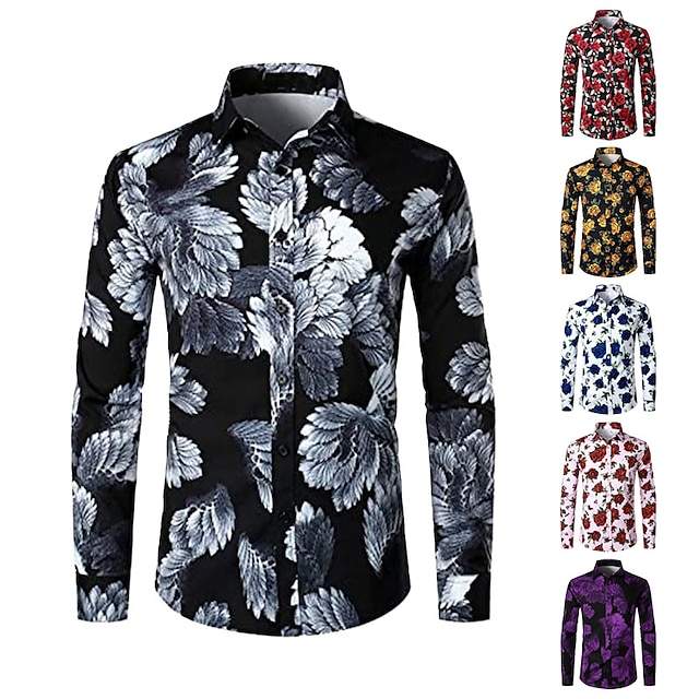  Men's Shirt Graphic Shirt Rose Floral Turndown Black White Yellow Pink Wine 3D Print Outdoor Street Long Sleeve Print Button-Down Clothing Apparel Fashion Designer Casual Breathable