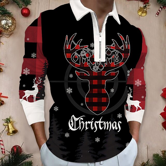 Men's Christmas Golf Shirt 3D Print Plaid Elk Letter Zipper Print Long