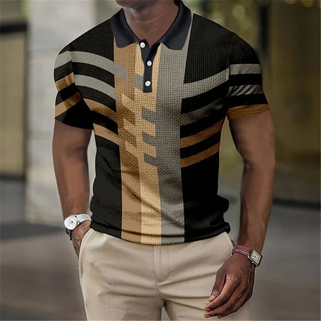 Men's Polo Shirt Waffle Polo Shirt Golf Shirt Geometry Turndown Yellow ...