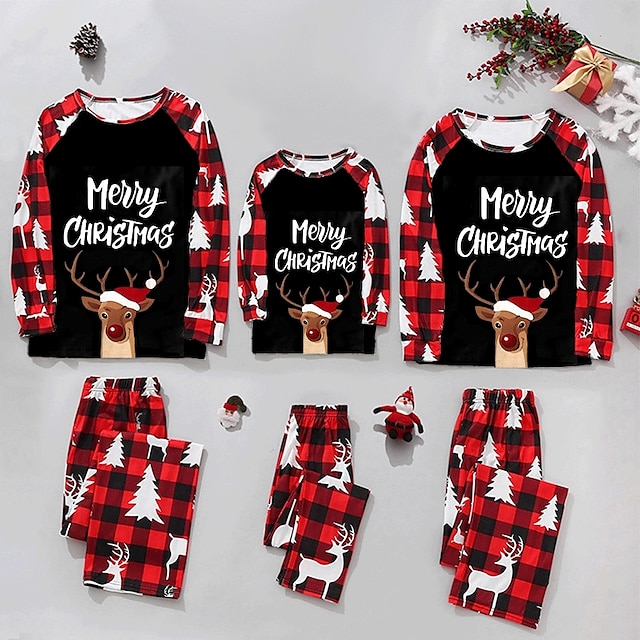  Reindeer letter Family Christmas Pajamas Nightwear Men's Women's Boys Girls' Cute Family Matching Outfits Sweet Christmas Carnival Masquerade Kid's Adults' Christmas New Year Eve Polyester Top Pants
