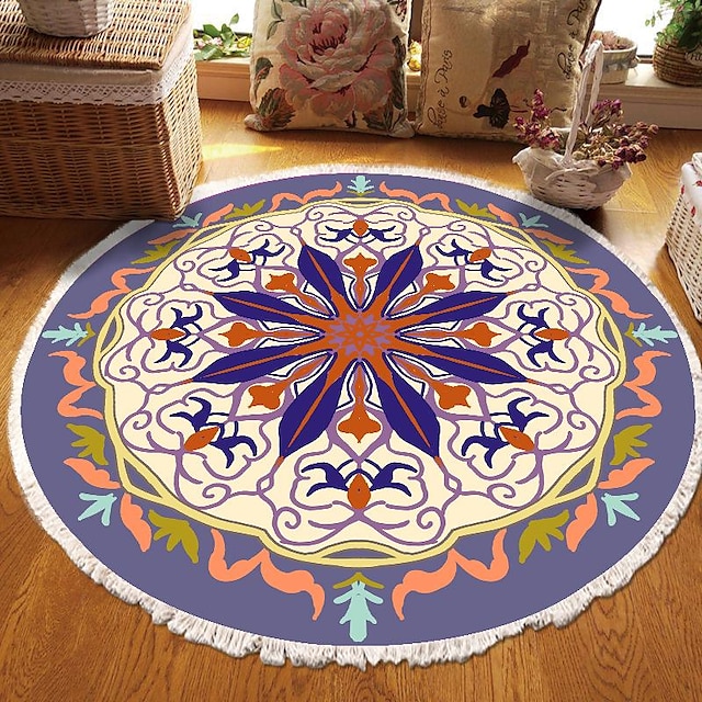  Runder Teppich mit Mandala-Quaste im Ethno-Stil, Wohnzimmer, Schlafzimmer, Couchtisch, Bodenmatte