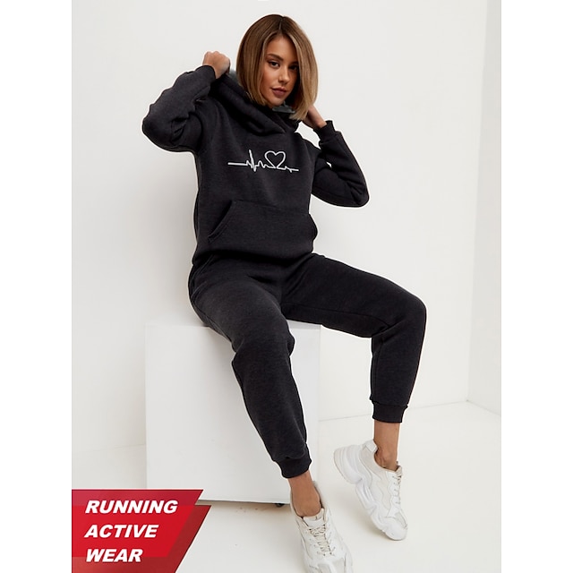  Women's 2 Piece Tracksuit Sweatsuit Athletic Long Sleeve Winter Thermal Warm Breathable Moisture Wicking Fitness Running Jogging Sportswear Activewear Heart Black Green White+Gray