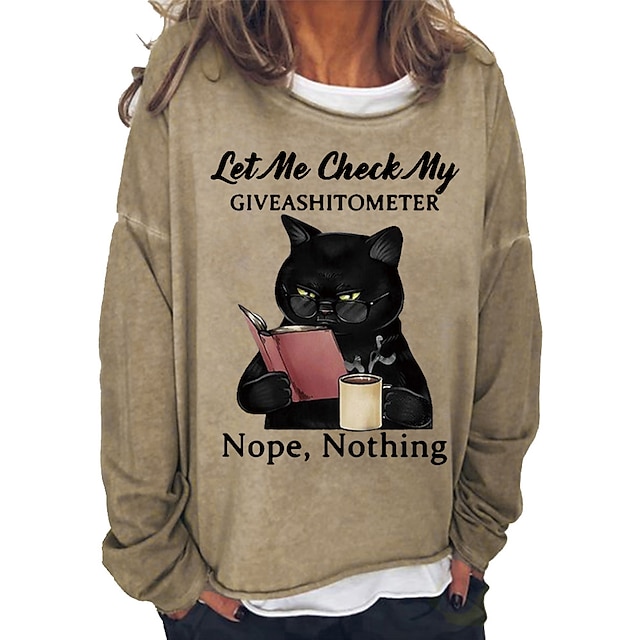  Women's Shirt Cat Print Casual Sports Basic Long Sleeve Round Neck Black Fall & Winter Comfrt Breathable Soft Fabric