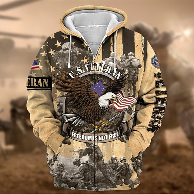 Men's Graphic Prints Eagle National Flag Hoodie Hoodies Sweatshirt Streetwear Designer Long Sleeve Hooded Sports & Outdoor Daily Sports Khaki Zipper Print Spring & Fall Designer2